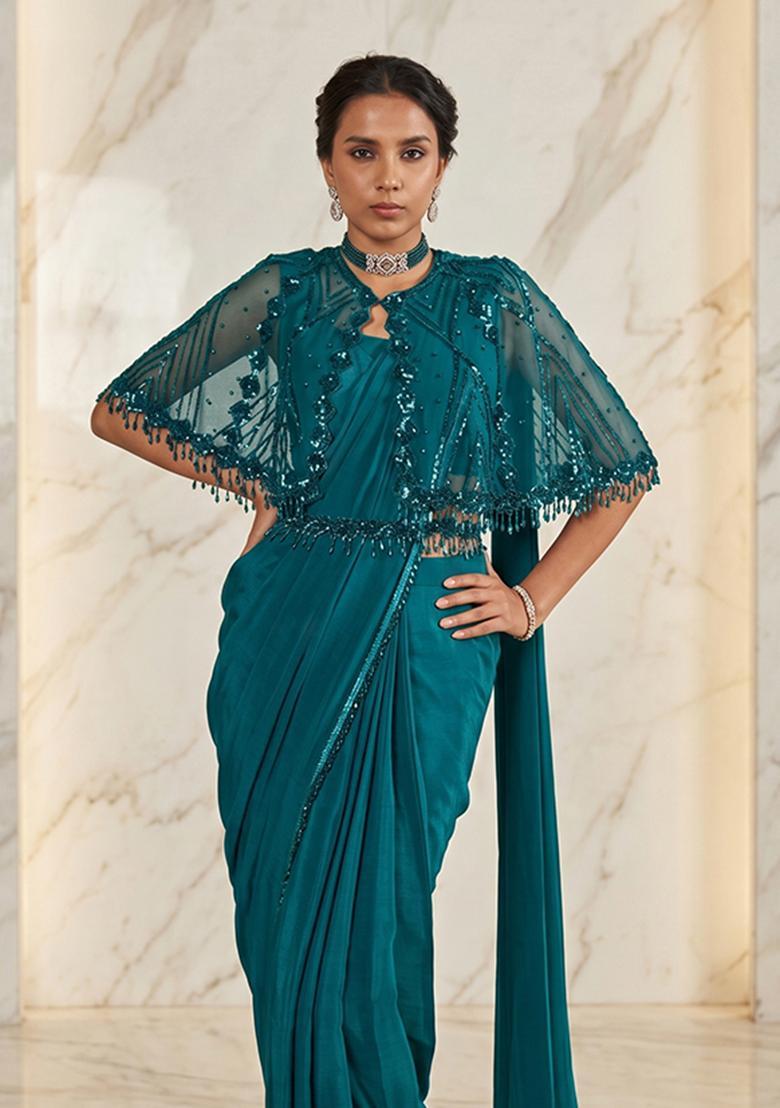 Teal Embroidered Handwork Pre Draped Saree Set - Indya