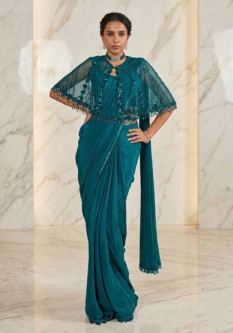 Teal Embroidered Handwork Pre Draped Saree Set