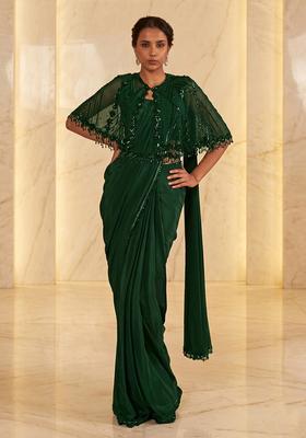 Bottle Green Embroidered Handwork Pre Draped Saree Set