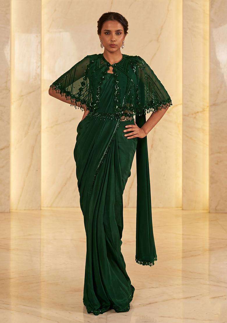 Bottle Green Embroidered Handwork Pre Draped Saree Set - Indya