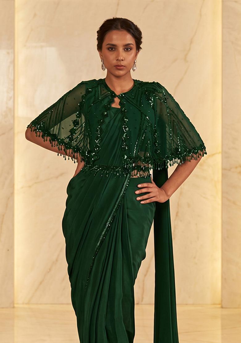 Bottle Green Embroidered Handwork Pre Draped Saree Set - Indya