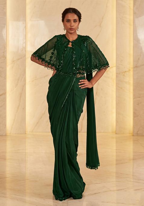 Bottle Green Embroidered Handwork Pre Draped Saree Set