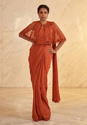 Rust Embroidered Handwork Pre Draped Saree Set