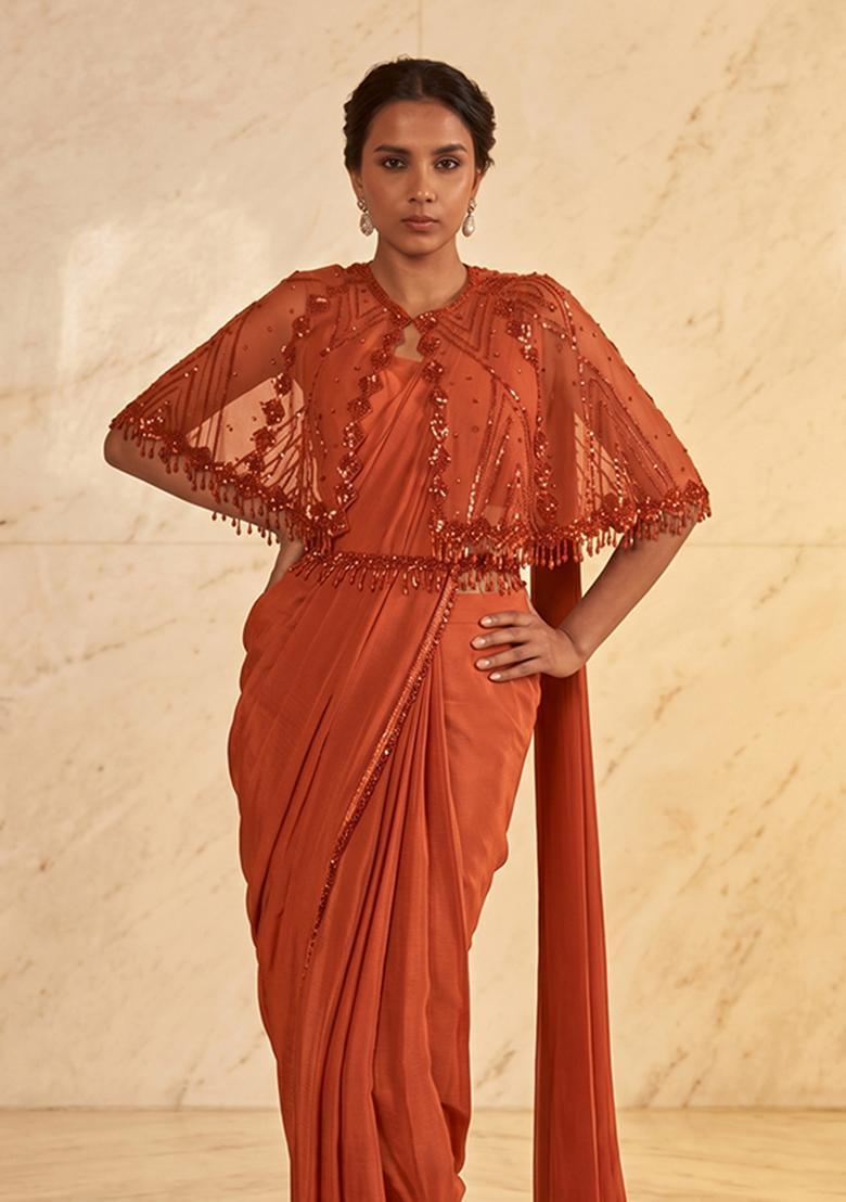 Rust Embroidered Handwork Pre Draped Saree Set - Indya