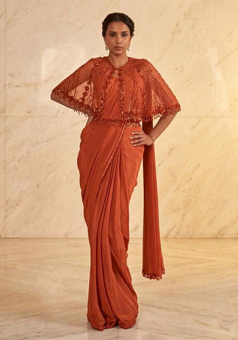 Rust Embroidered Handwork Pre Draped Saree Set