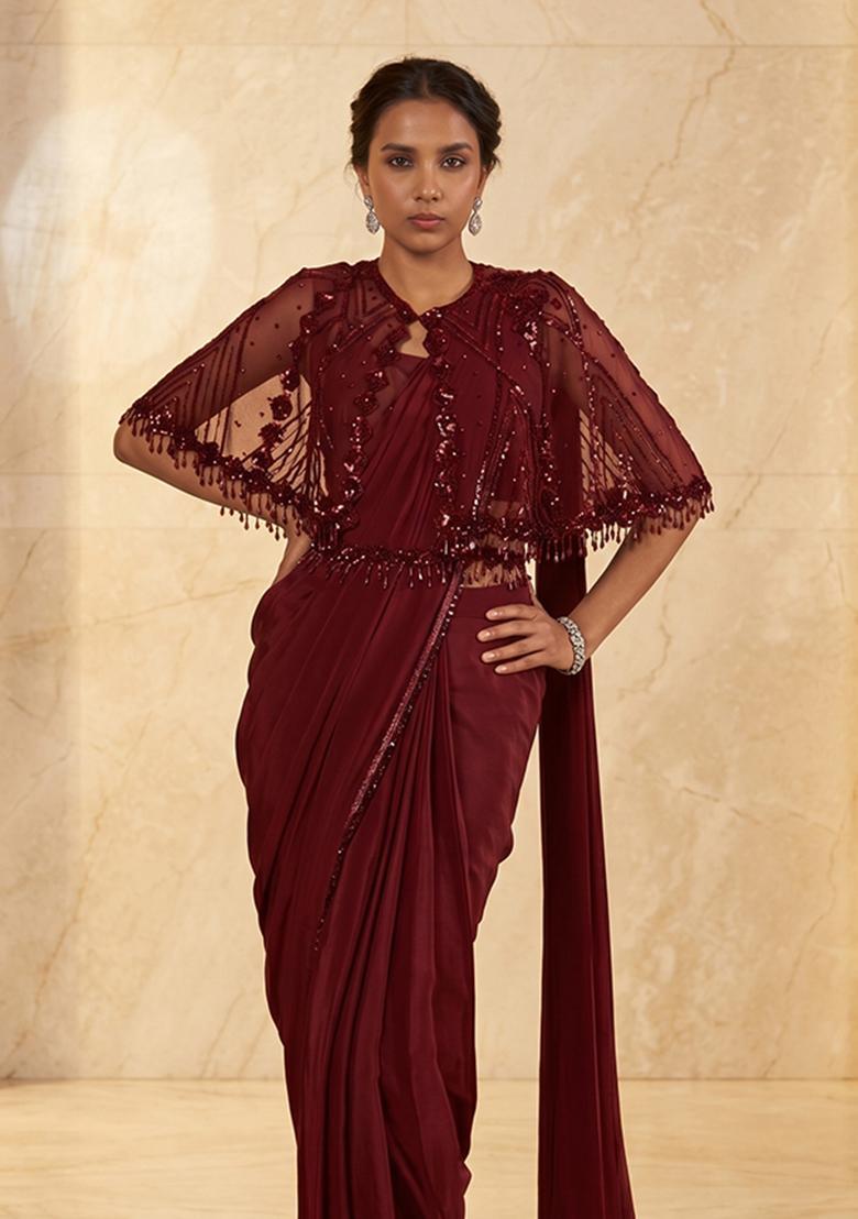 Maroon Embroidered Handwork Pre Draped Saree Set - Indya