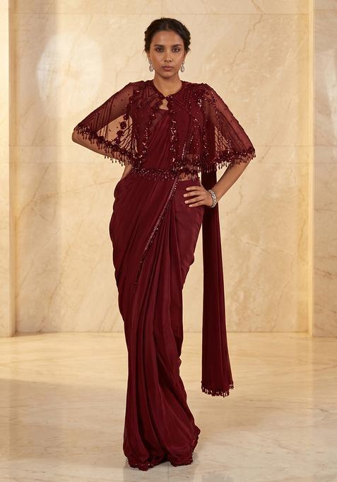Maroon Embroidered Handwork Pre Draped Saree Set