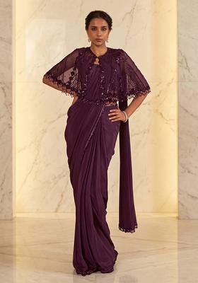 Plum Embroidered Handwork Pre Draped Saree Set