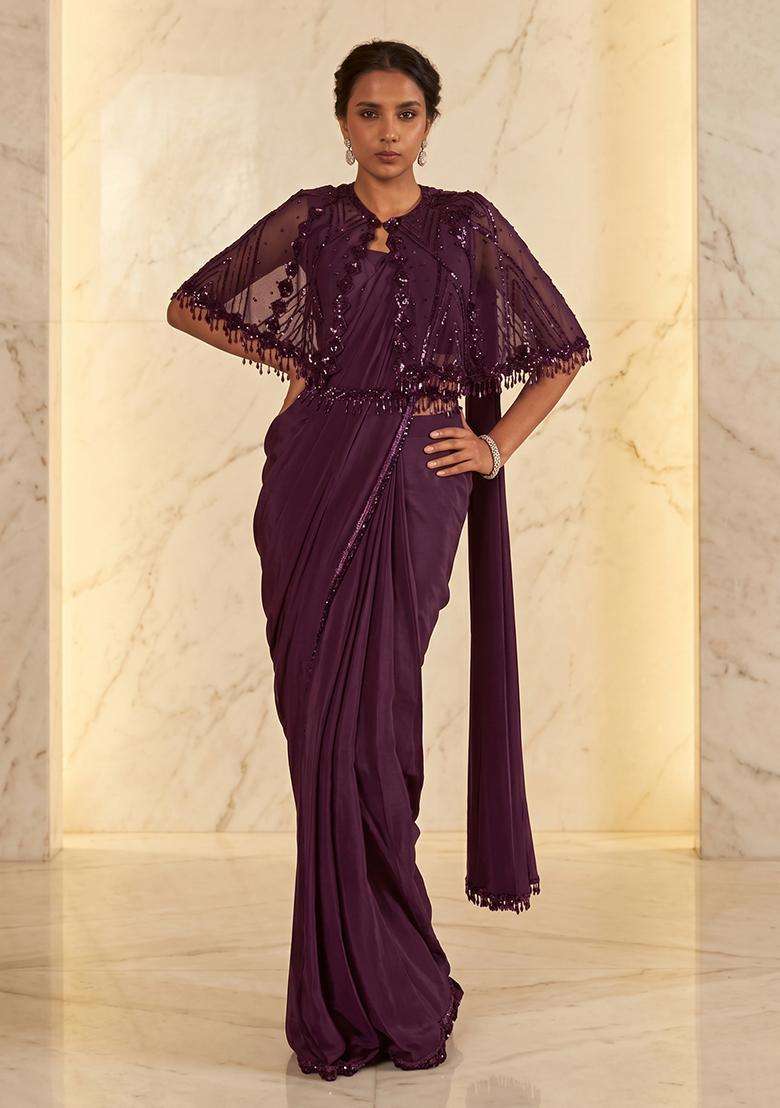 Plum Embroidered Handwork Pre Draped Saree Set - Indya