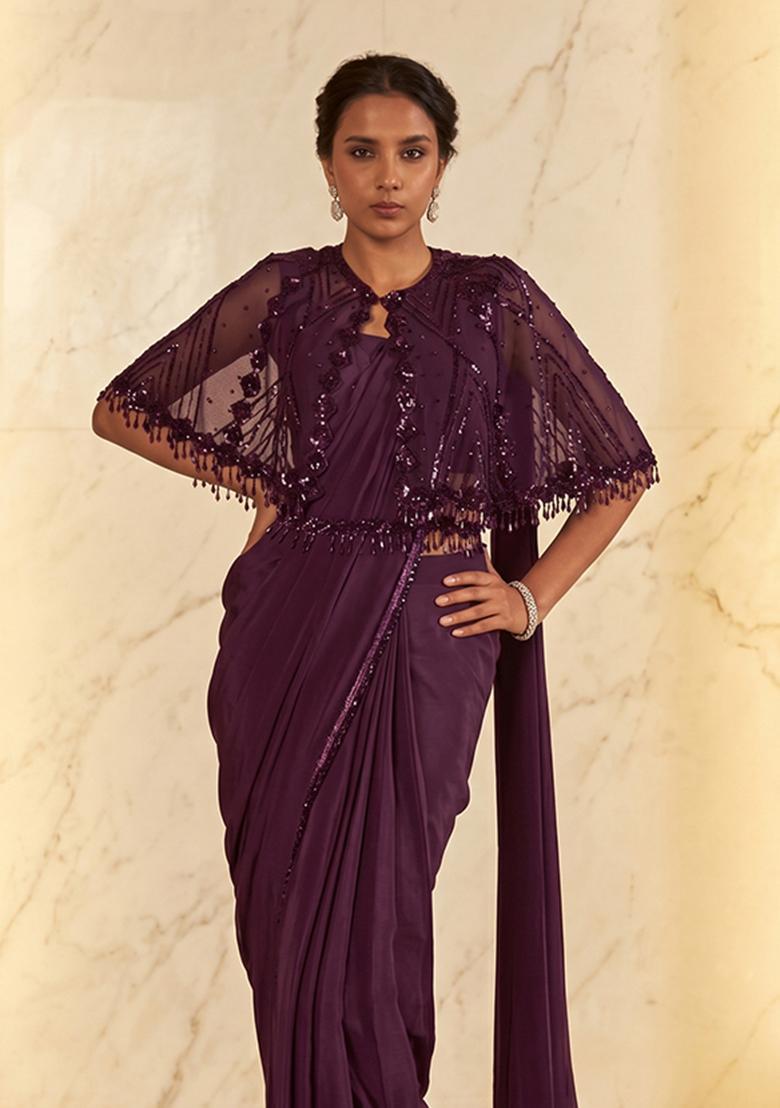 Plum Embroidered Handwork Pre Draped Saree Set - Indya
