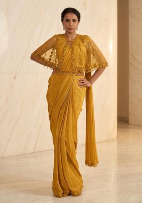 Mustard Embroidered Handwork Pre Draped Saree Set