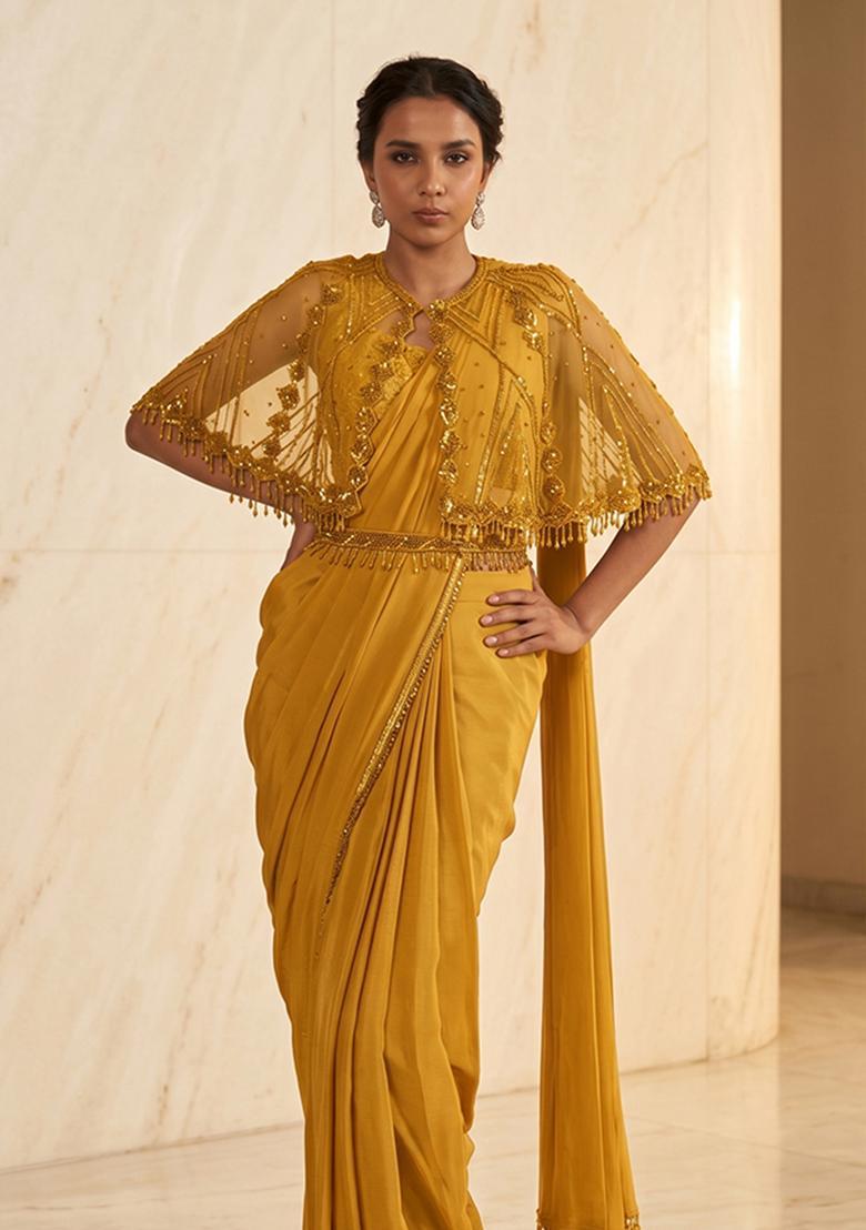 Mustard Embroidered Handwork Pre Draped Saree Set - Indya