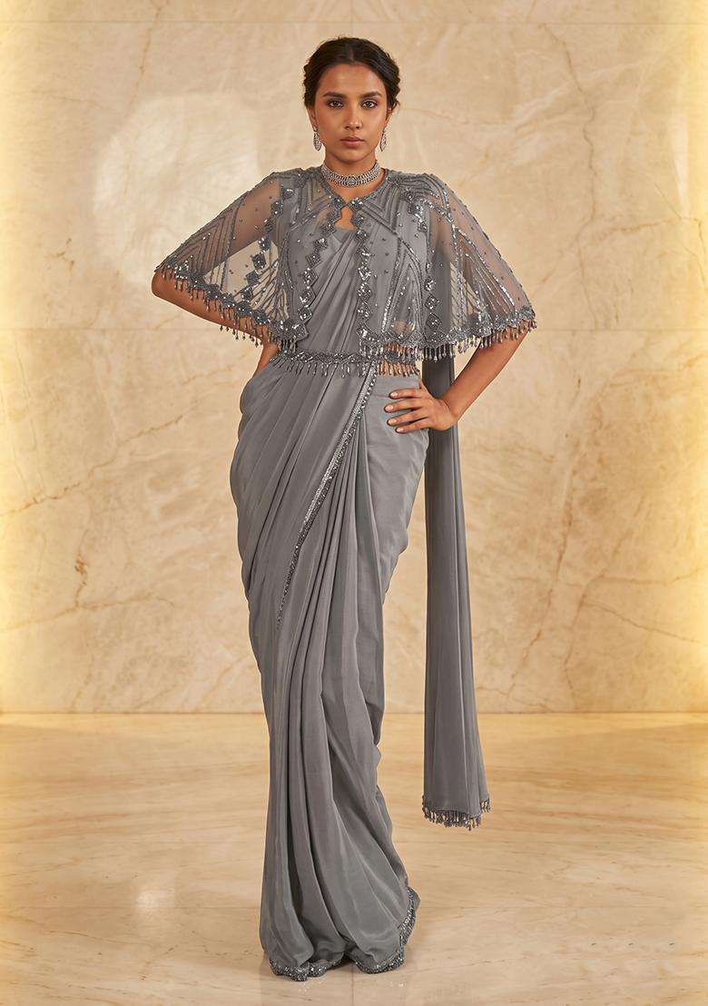 Grey Embroidered Handwork Pre Draped Saree Set - Indya