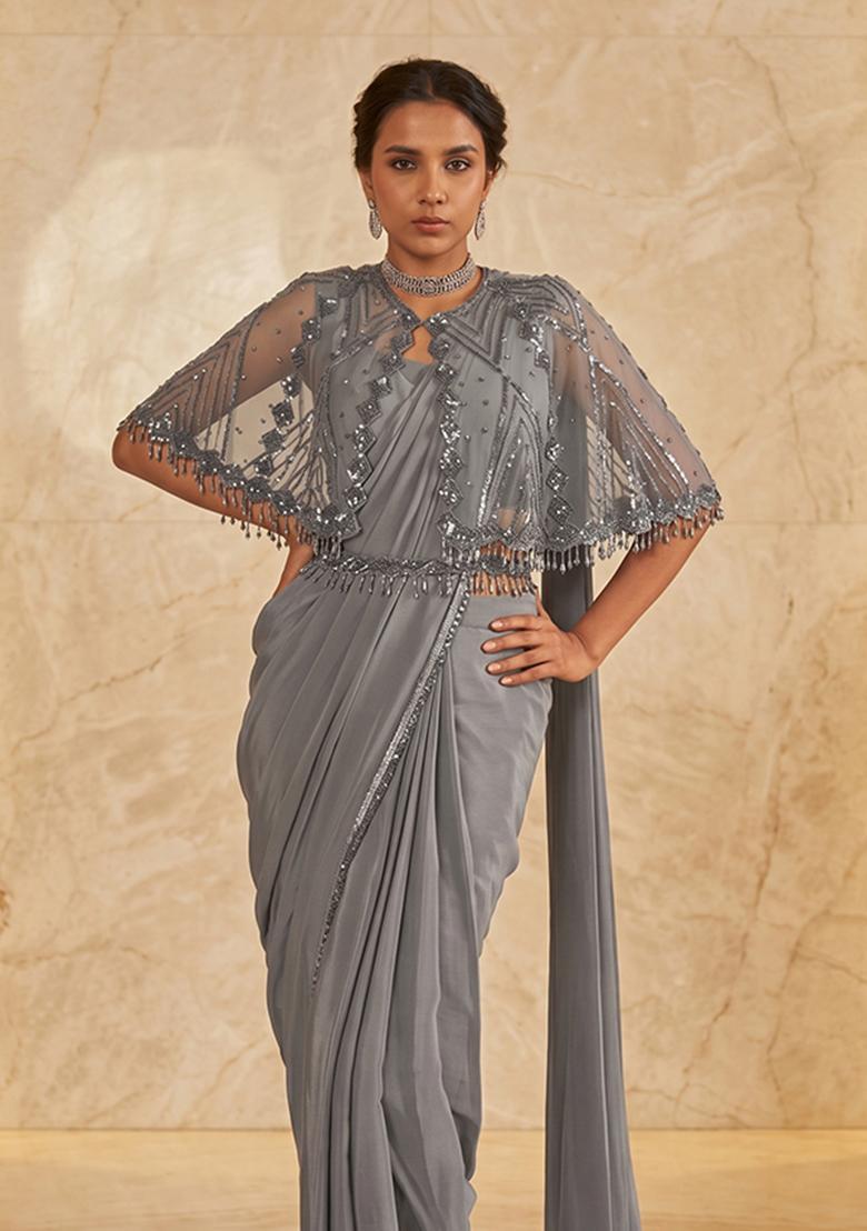 Grey Embroidered Handwork Pre Draped Saree Set - Indya