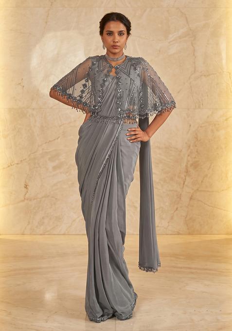 Grey Embroidered Handwork Pre Draped Saree Set