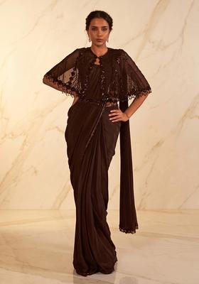 Deep Brown Embroidered Handwork Pre Draped Saree Set