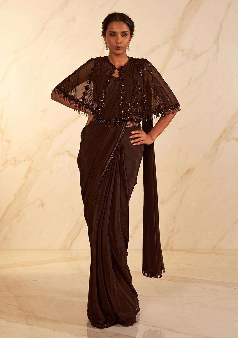 Deep Brown Embroidered Handwork Pre Draped Saree Set - Indya