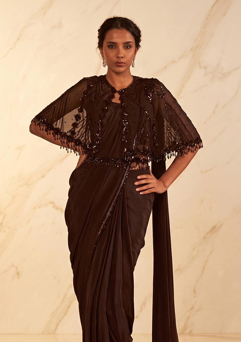 Deep Brown Embroidered Handwork Pre Draped Saree Set - Indya