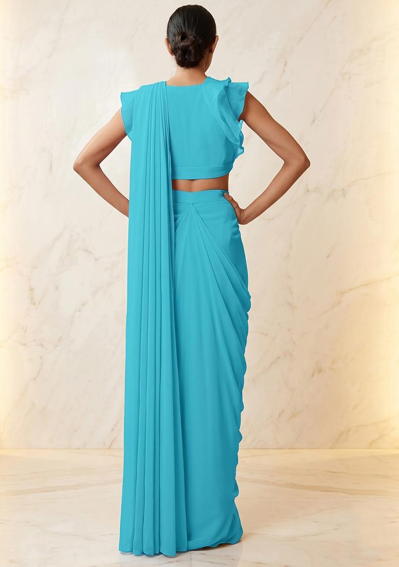 Blue Embroidered Handwork Pre Draped Saree Set - Indya