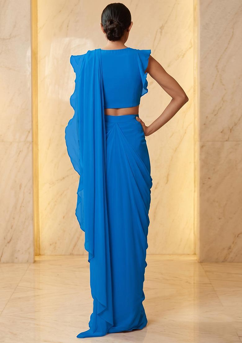 Royal Blue Embroidered Handwork Pre Draped Saree Set - Indya