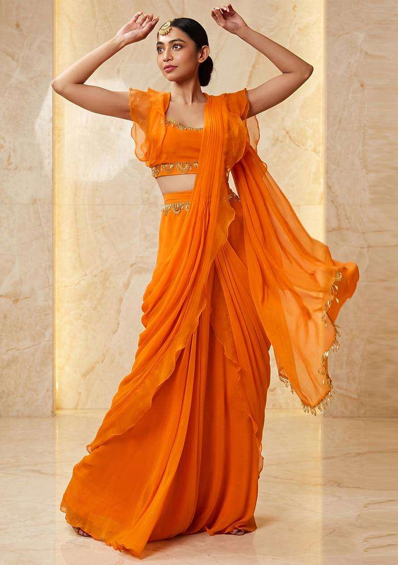 Orange Embroidered Handwork Pre Draped Saree Set - Indya