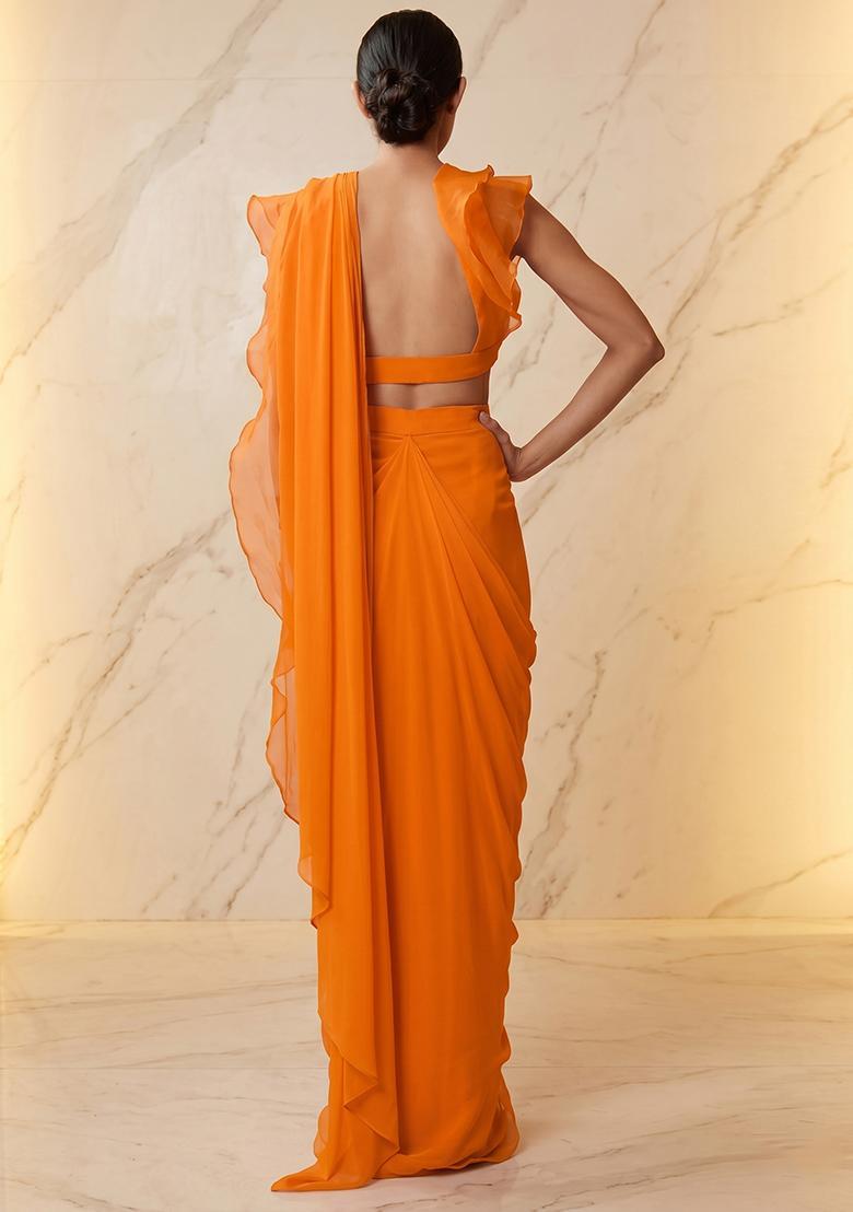 Orange Embroidered Handwork Pre Draped Saree Set - Indya
