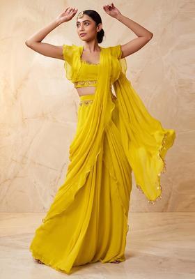 Yellow Embroidered Handwork Pre Draped Saree Set