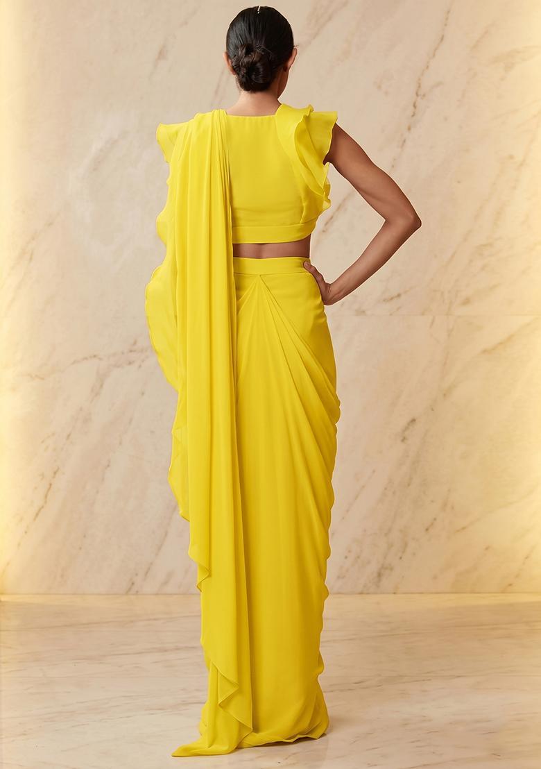 Yellow Embroidered Handwork Pre Draped Saree Set - Indya