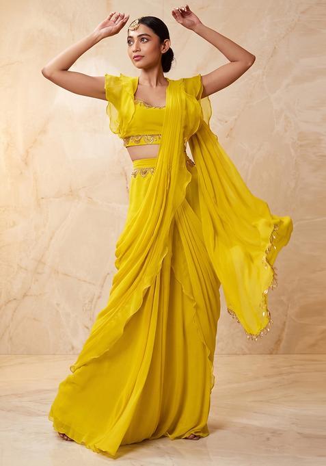 Yellow Embroidered Handwork Pre Draped Saree Set