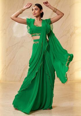 Emerald Green Embroidered Handwork Pre Draped Saree Set