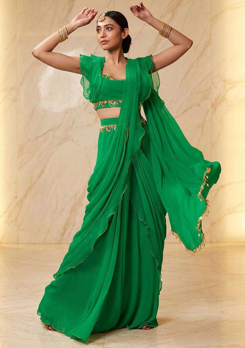 Emerald Green Embroidered Handwork Pre Draped Saree Set - Indya
