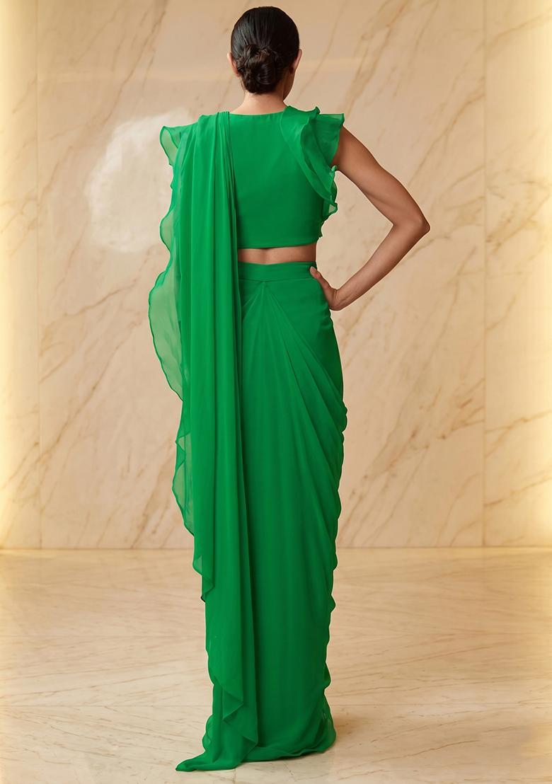 Emerald Green Embroidered Handwork Pre Draped Saree Set - Indya