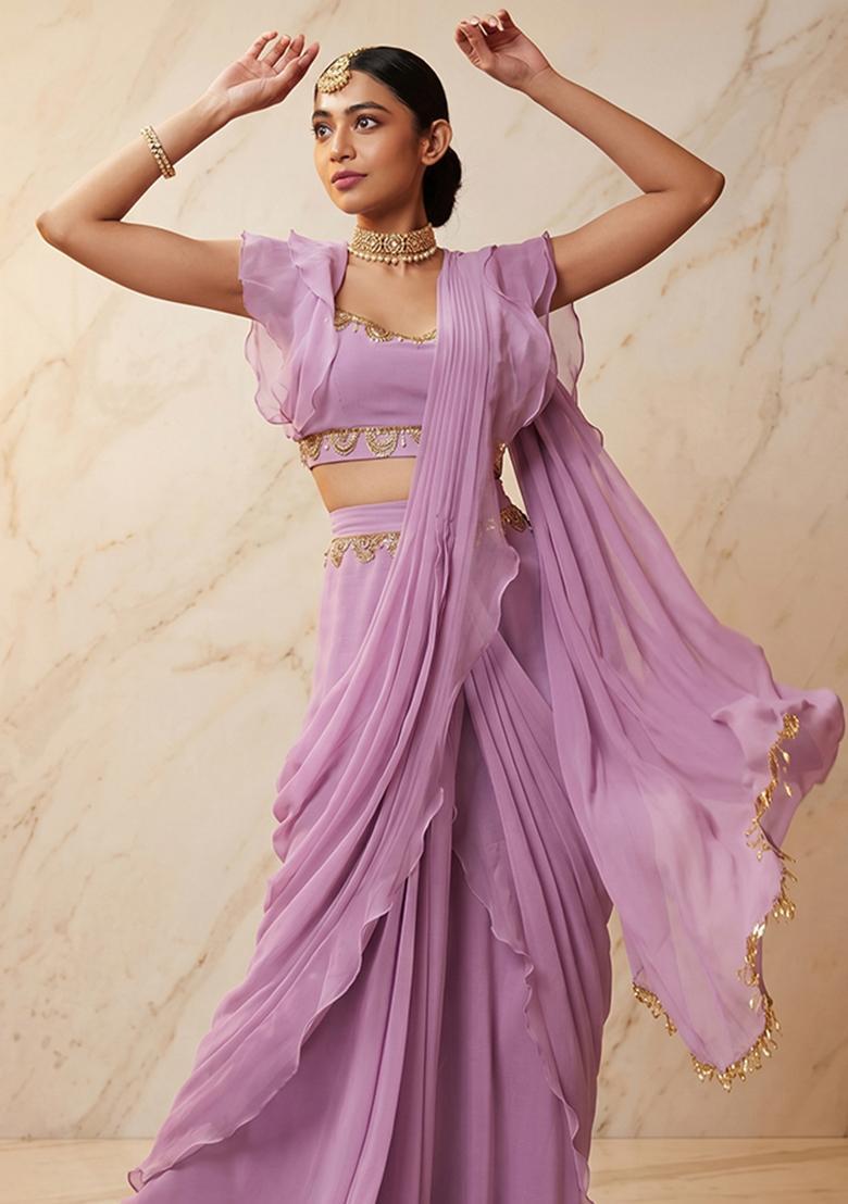 Lilac Embroidered Handwork Pre Draped Saree Set - Indya