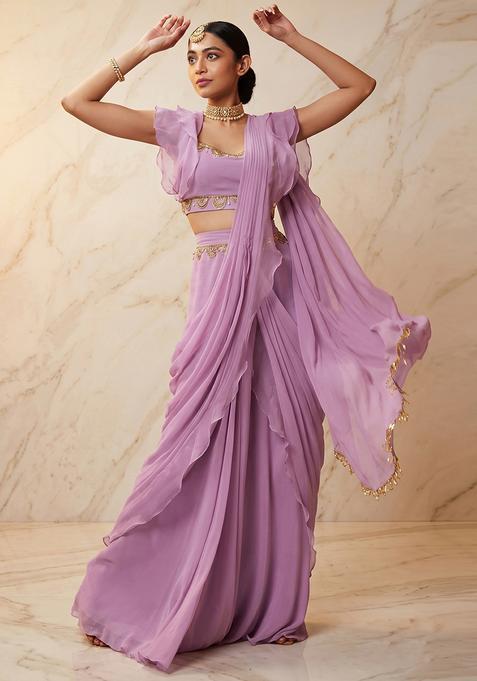 Lilac Embroidered Handwork Pre Draped Saree Set