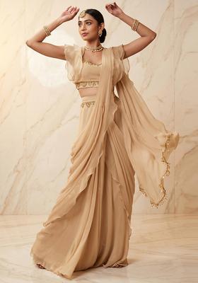 Beige Embroidered Handwork Pre Draped Saree Set