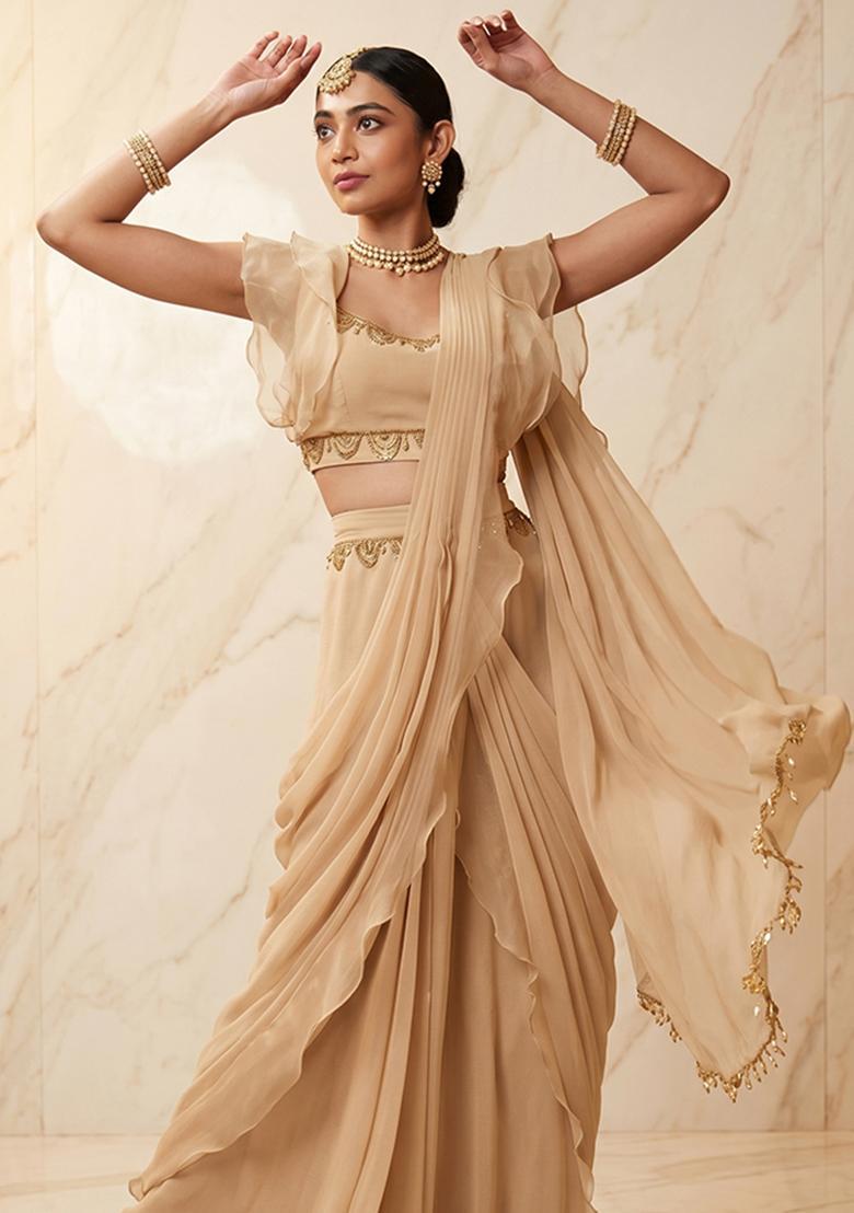 Beige Embroidered Handwork Pre Draped Saree Set - Indya