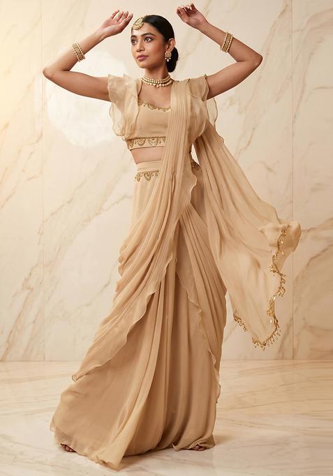 Beige Embroidered Handwork Pre Draped Saree Set
