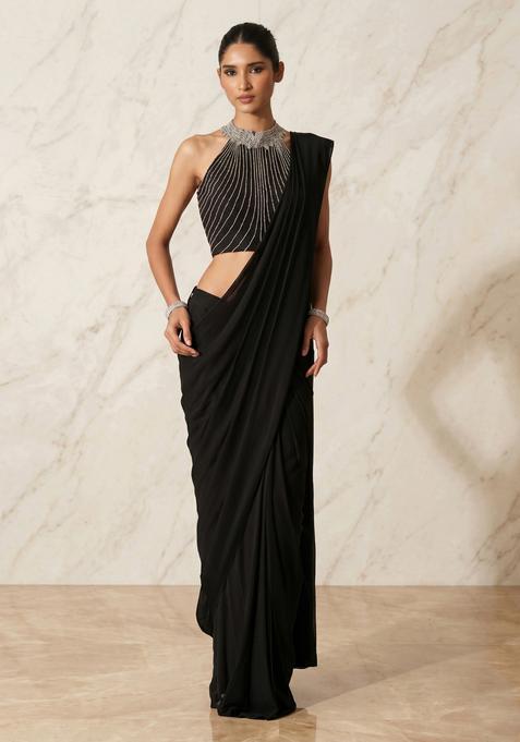 Black Embroidered Handwork Pre Draped Saree Set