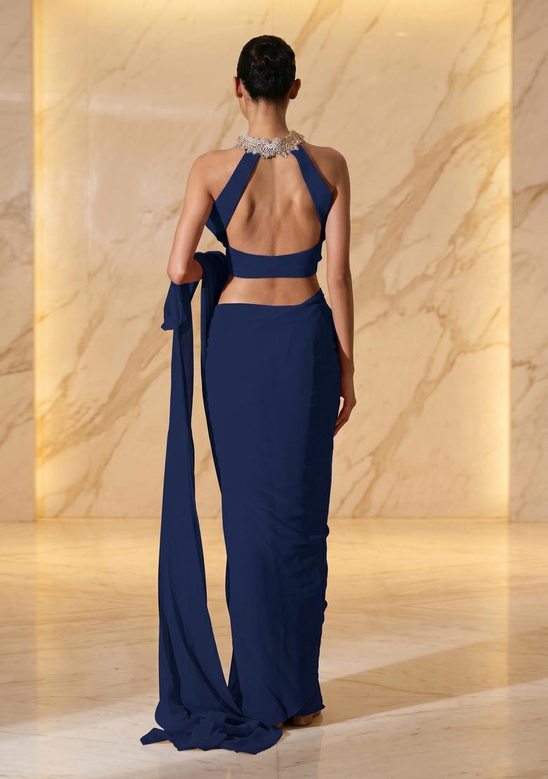 Deep Blue Embroidered Handwork Pre Draped Saree Set - Indya
