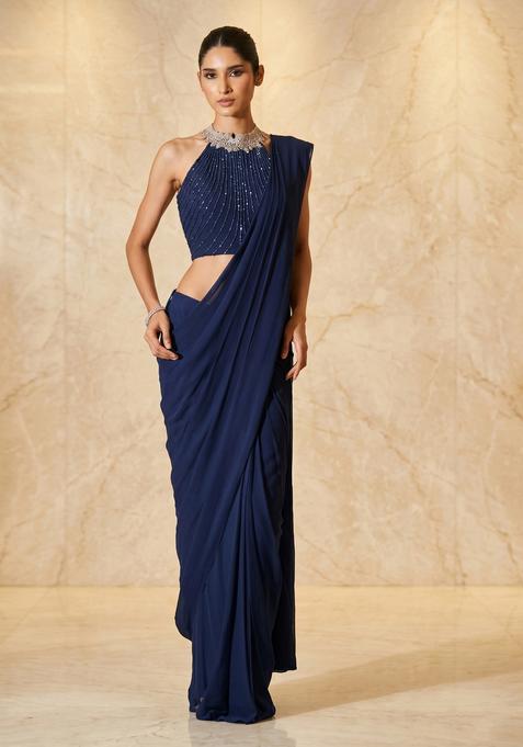 Deep Blue Embroidered Handwork Pre Draped Saree Set