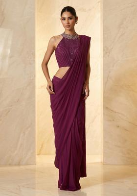 Plum Embroidered Handwork Pre Draped Saree Set