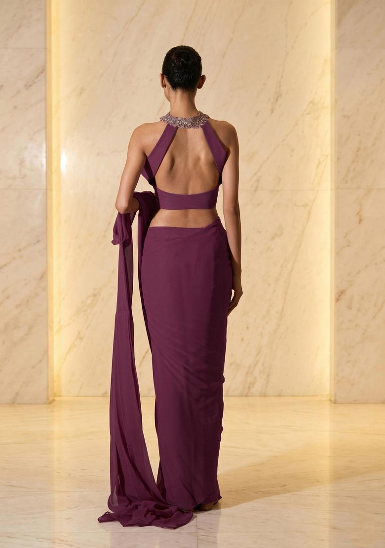 Plum Embroidered Handwork Pre Draped Saree Set - Indya