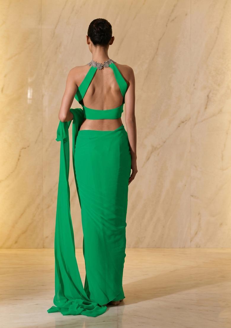 Bright Green Embroidered Handwork Pre Draped Saree Set - Indya