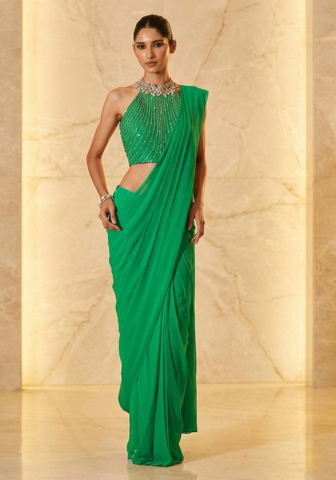 Bright Green Embroidered Handwork Pre Draped Saree Set