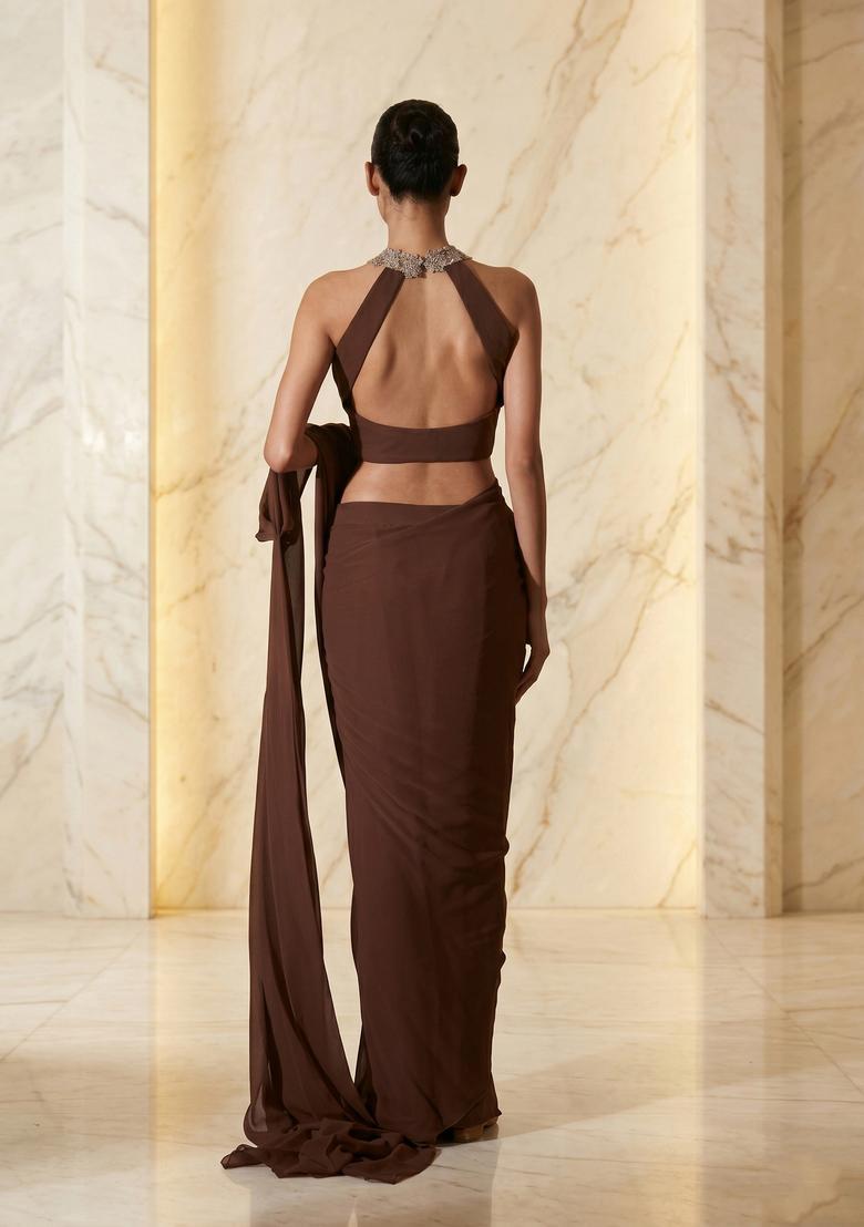 Chocolate Brown Embroidered Handwork Pre Draped Saree Set - Indya