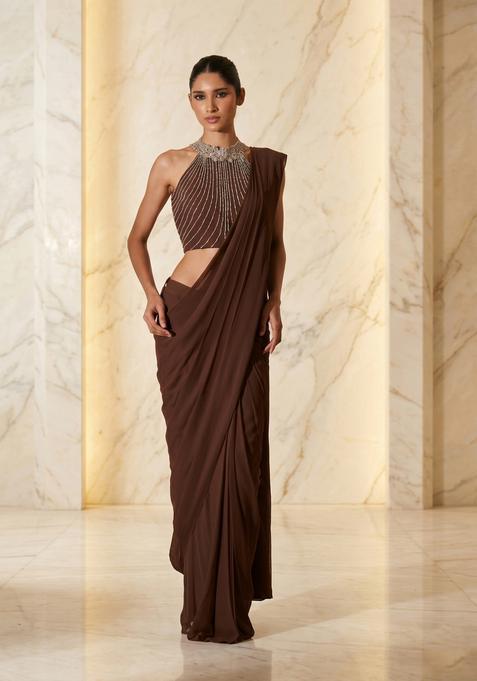 Chocolate Brown Embroidered Handwork Pre Draped Saree Set