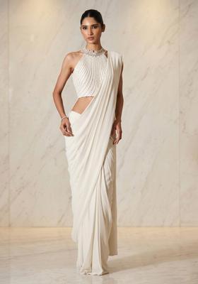 Cloud White Embroidered Handwork Pre Draped Saree Set