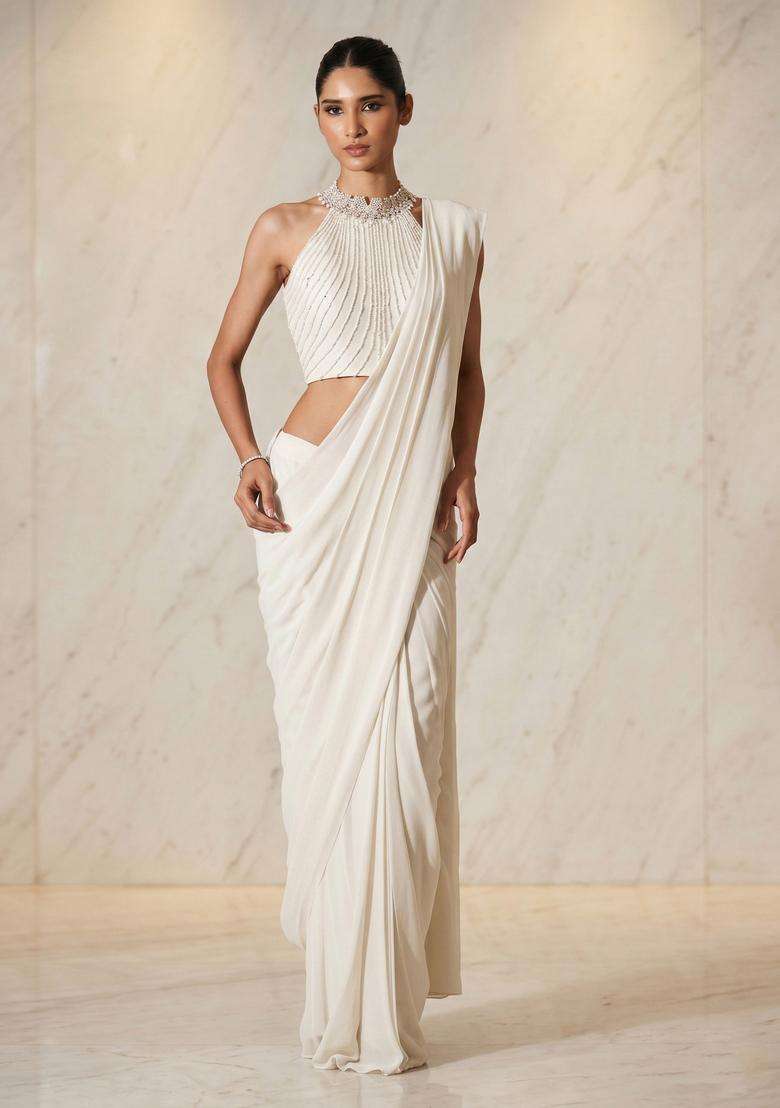 Cloud White Embroidered Handwork Pre Draped Saree Set - Indya