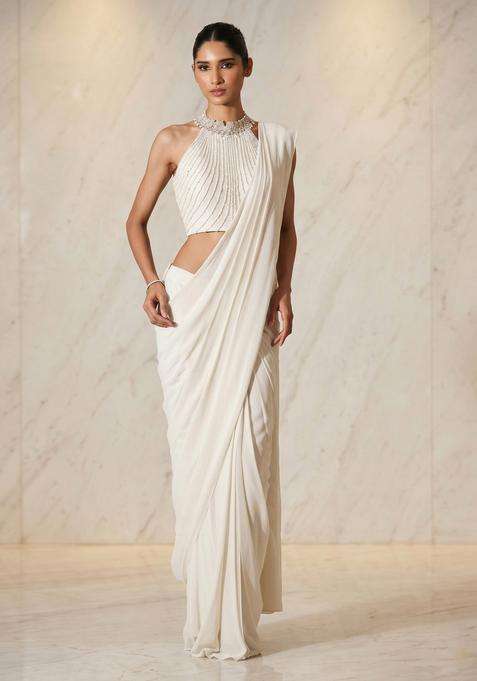 Cloud White Embroidered Handwork Pre Draped Saree Set