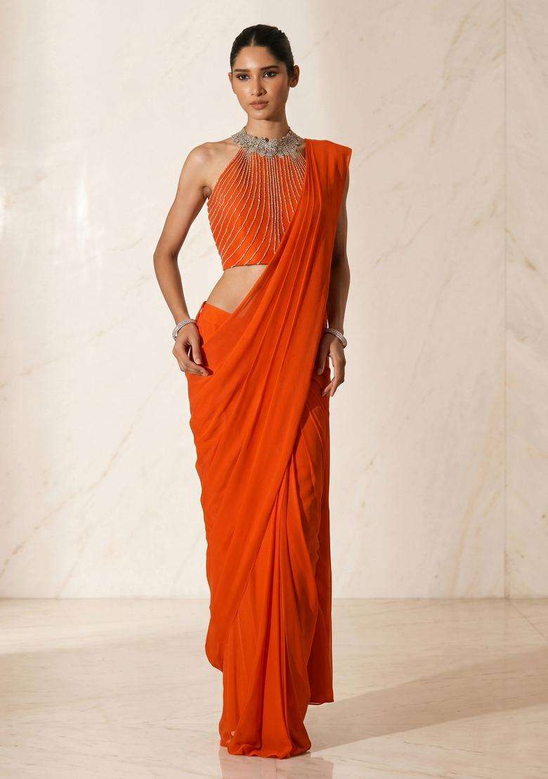 Orange Embroidered Handwork Pre Draped Saree Set - Indya